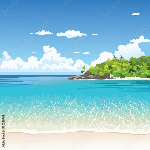 Coastal scene with turquoise water and lush greenery