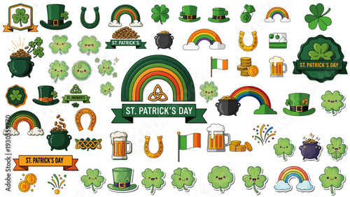 Vibrant illustration collection celebrating Irish culture and religious heritage with festive icon designs for st Patrick's day parade joy symbols.