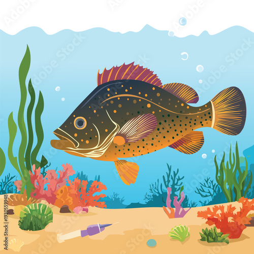 Colorful cartoon illustration of a fish swimming underwater
