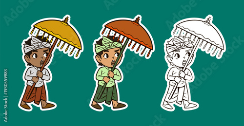 Cute Boy Walking with a Ceremonial Umbrella Cartoon Character