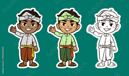 Cute Boy Waving Hello in a Traditional Outfit Cartoon Character