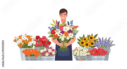 A smiling florist cheerfully holds a vibrant bouquet amidst colorful flower arrangements depicted as a silhouette high quality professional detailed modern