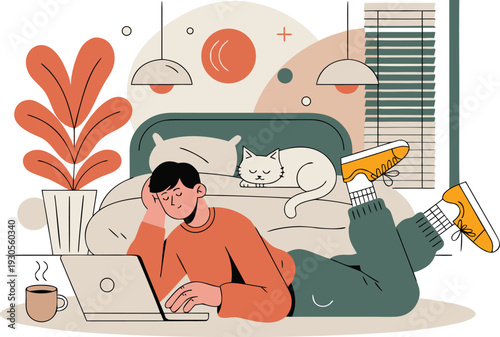 Man Working From Home with Cat, Laptop, Cozy Bedroom Illustration