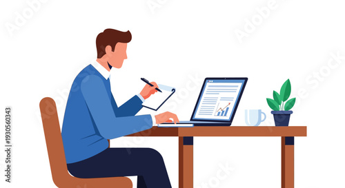 A man works on a laptop at a desk analyzing data and taking notes a modern workspace silhouette high quality professional