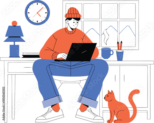 Freelancer Working From Home with Cat, Laptop, Cozy Workspace Illustration