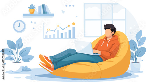 Freelancer Working at Home Laptop, Beanbag, Remote Work Illustration
