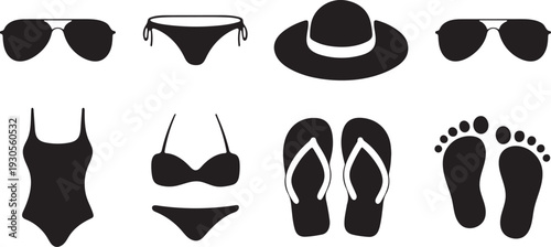 Summer vacation icons sunglasses swimwear hats and beach accessories in black