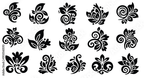 Intricate black and white floral designs arranged in a symmetrical pattern