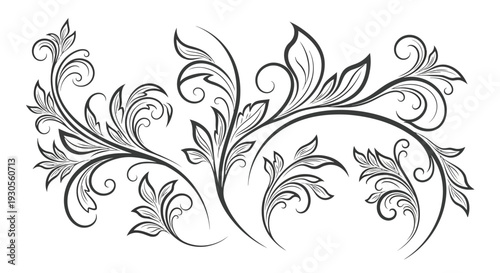 Intricate black and white floral design with ornate swirls and leaves.