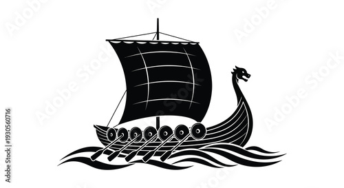 A striking black silhouette of a viking longship sailing on waves featuring a detailed dragon head silhouette high quality professional modern