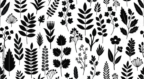 Intricate black and white patterns of various plants and leaves