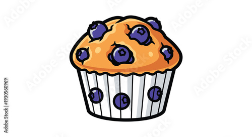 A vibrant cartoon illustration depicts a blueberry muffin with a decorative paper liner a pleasing silhouette high quality professional detailed modern
