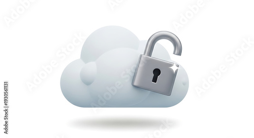 Unlocked padlock floating above a fluffy white cloud.