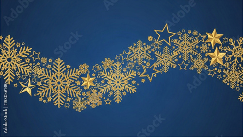Golden snowflakes and stars decoration on blue background viewed from directly above