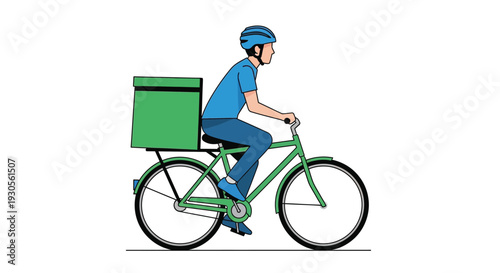 A delivery person on a bicycle carrying a green box depicted in a flat minimalist silhouette high quality professional detailed modern