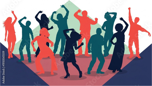 Diverse group of people dancing together in vibrant colors on a stage, viewed from the front.