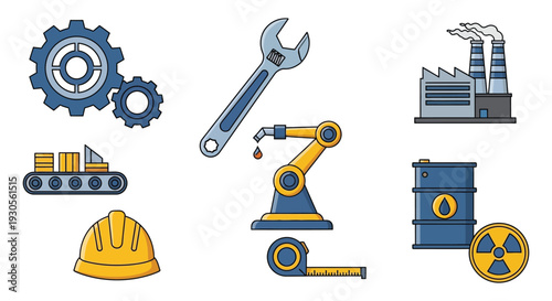 Industrial icons depict manufacturing engineering and power generation showcasing a detailed flat style silhouette high quality professional detailed modern elegant stylish