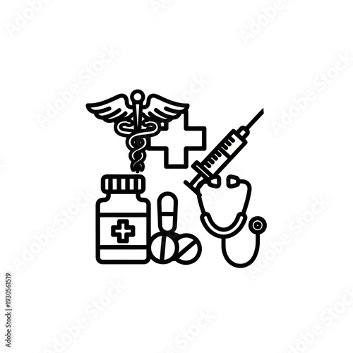 Medical Healthcare Concepts with Medicine Bottle and Nursing Equipment Illustration