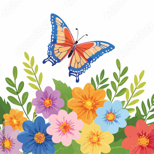 Colorful butterfly hovering above a vibrant flower garden illustration