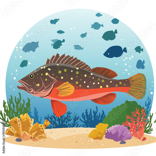 Colorful cartoon illustration of a fish swimming in an underwater scene