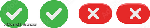 Green check mark icons and red cross symbols in circle and rounded buttons for UI design, validation, approval, and rejection.