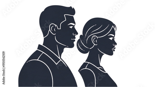 Man and Woman Facing Opposite Directions in Minimalist Illustration Style