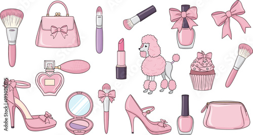 Pink fashion and beauty accessories collection with high heels, handbag, perfume, makeup brushes, lipstick, and cute feminine elements vector illustration.