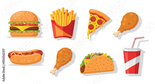 Colorful assortment of fast food items including burgers fries pizza and chicken presented as a flat illustration silhouette high quality professional
