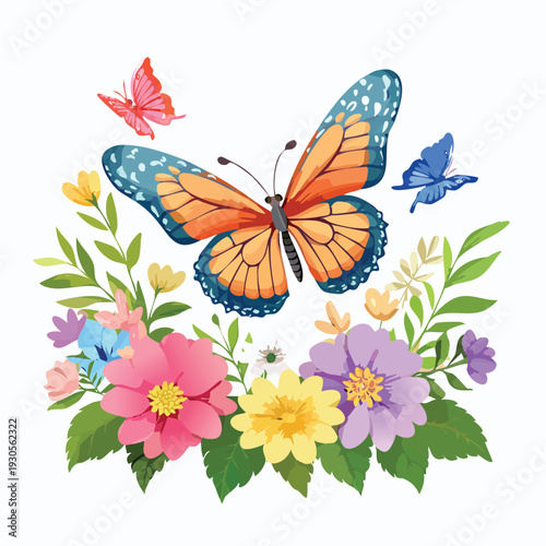 Colorful butterflies hovering over vibrant flowers