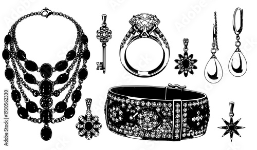 Luxury jewelry vector set diamond ring necklace elegant accessories