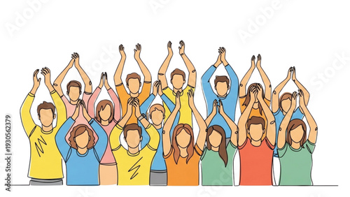 Diverse group of people standing together holding phones high in a celebratory gesture