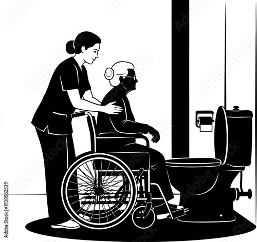 Healthcare Assistant Helping Senior Woman in Wheelchair to Bathroom | Geriatric Care and Nursing Support Illustration | ADL (Activities of Daily Living) Assistance