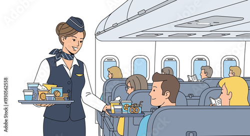 A flight attendant offers refreshments to passengers inside an airplane cabin depicted in a colorful illustration silhouette high quality professional detailed