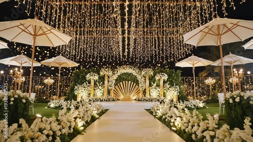 Elegant outdoor wedding ceremony with floral arrangements and fairy lights