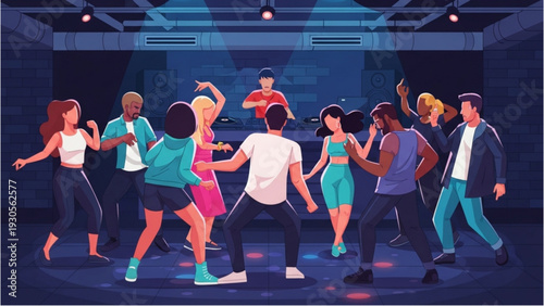 Vibrant crowd dancing together at a lively nightclub event with DJ