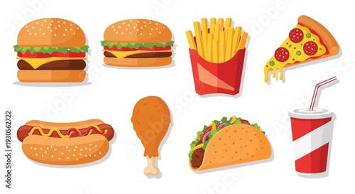 A colorful assortment of fast food items including burgers fries pizza and tacos presented as flat illustrations high quality professional detailed