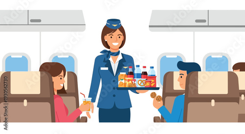 An airplane cabin scene depicts a flight attendant serving drinks and snacks to passengers a flat silhouette high quality professional