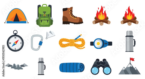 Colorful icons depicting camping essentials like tents backpacks mountains and fires in a flat style silhouette high quality professional detailed modern