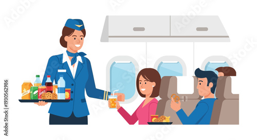 A flight attendant serves beverages and snacks to passengers during an airline journey depicted as a silhouette high quality professional detailed