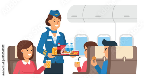 A friendly flight attendant offers beverages and snacks to passengers inside an airplane cabin silhouette high quality professional detailed modern elegant