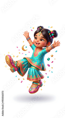 Happy Indian Girl Character Celebrating Traditional Festival, 3D Cartoon Child Dancing in Ethnic Dress for Diwali or Eid Greeting, Isolated on White