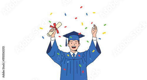 A cheerful graduate celebrates with raised arms and confetti falling symbolizing academic success a vibrant silhouette high quality professional detailed