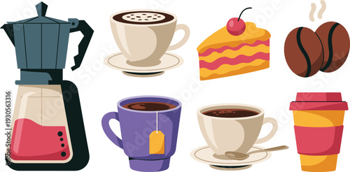 Flat cartoon illustration of coffee maker cups cake beans and takeaway mug set isolated on white background cafe breakfast collection