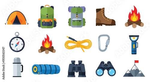 Colorful icons depict camping essentials like tents backpacks and boots representing outdoor adventure silhouette high quality professional detailed modern elegant stylish