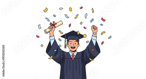 A cheerful graduate celebrates success with a diploma and raised arms amidst falling confetti silhouette high quality professional detailed modern elegant