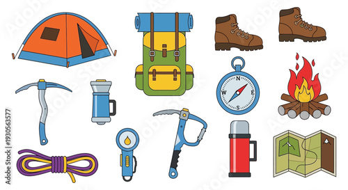 Colorful camping equipment illustration featuring a tent backpack boots and other outdoor gear silhouette high quality professional detailed modern elegant stylish