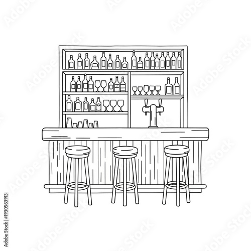 Minimalist Bar Counter with Shelves for Liquor and Glassware Display