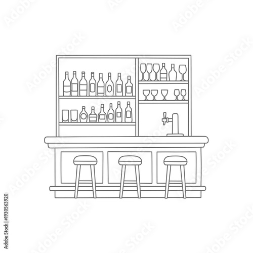 Minimalist Bar Scene with Shelves and Seating for Social Gathering