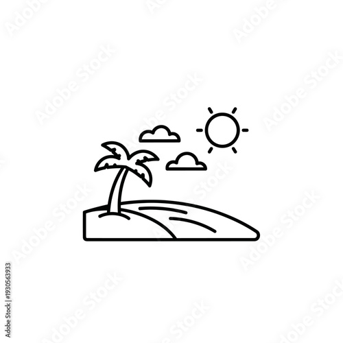 Minimalist Beach Landscape Scene with Palm Tree and Sun in a Line Art Style