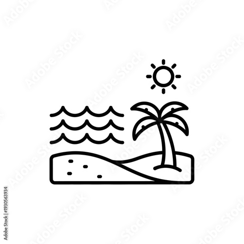 Minimalist Beach Landscape Illustration with Sun and Palm Tree for Travel and Nature Themes